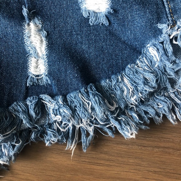Blue denim jean shorts frayed fringe medium high rise cute jeans ripped - Picture 7 of 8